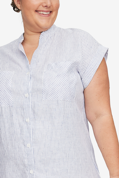 Two Pocket Sleep Shirt Navy Linen Stripe PLUS