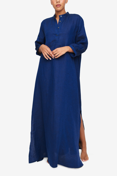 A floor length sleepwear chemise. A deep indigo blue linen. Three-quarters sleeves and a placket that opens enough to nurse comfortably.