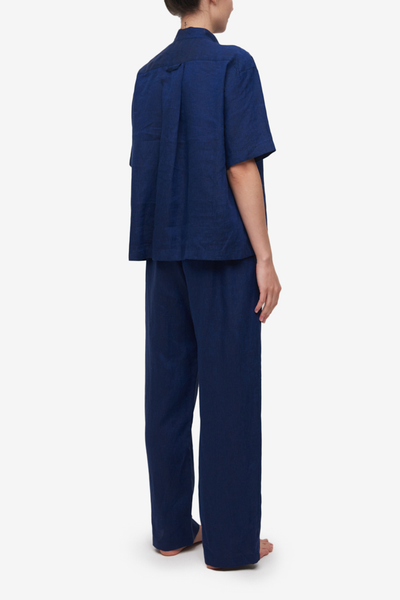 Set - Short Sleeve Cropped Sleep Shirt and Lounge Pant Navy Linen