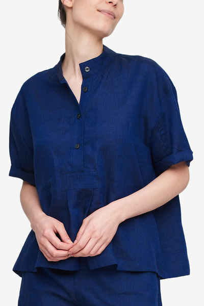 Short Sleeve Cropped Sleep Shirt Navy Linen
