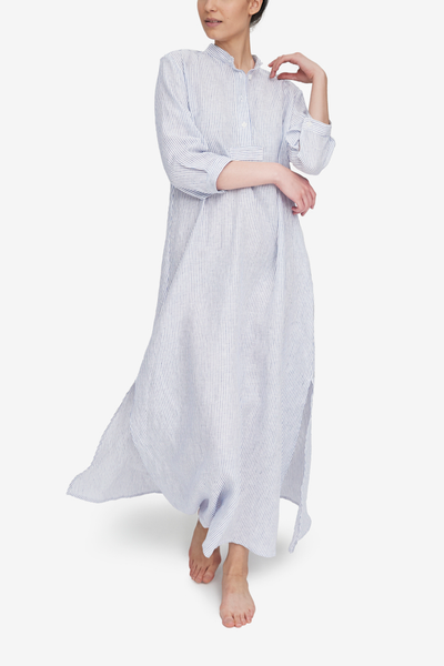 100% linen, blue and white striped sleep shirt, made for tall and plus sized women. Modest chemise for all climates.
