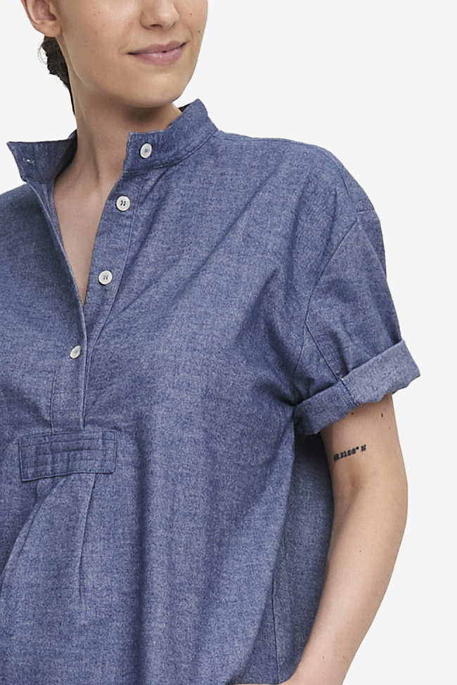 Set - Short Sleeve Cropped Sleep Shirt and Slash Pocket Pant Navy Twill Flannel