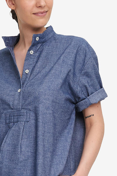 Set - Short Sleeve Cropped Sleep Shirt and Slash Pocket Pant Navy Twill Flannel