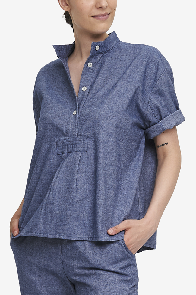 Set - Short Sleeve Cropped Sleep Shirt and Slash Pocket Pant Navy Twill Flannel
