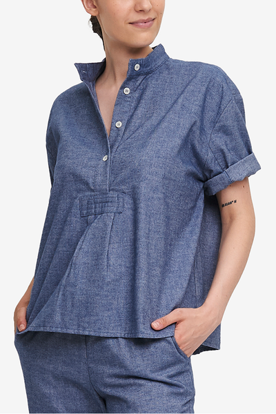 Set - Short Sleeve Cropped Sleep Shirt and Slash Pocket Pant Navy Twill Flannel