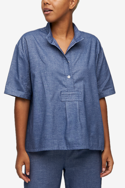 Short sleeve cropped version of our favourite nightshirt, made in Canada. Made in a  luxe blue cotton flannel.