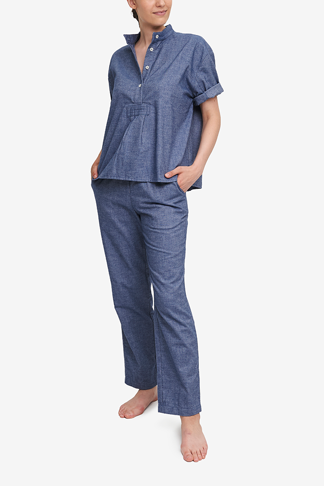 Set - Short Sleeve Cropped Sleep Shirt and Slash Pocket Pant Navy Twill Flannel