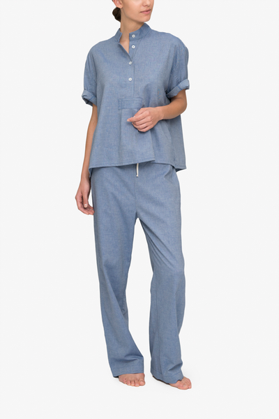 front view tshirt lounge pant pajama set navy cotton twill by the Sleep Shirt