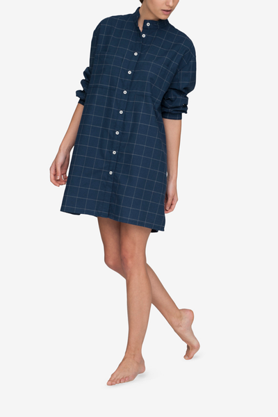 Placket Sleep Shirt Navy Windowpane Flannel
