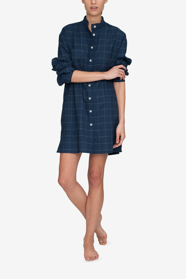 front view placket sleep shirt navy windowpane flannel cotton by the Sleep Shirt