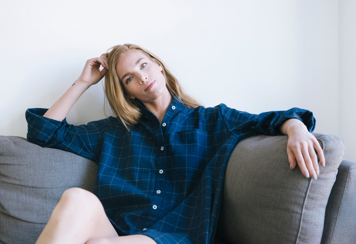Placket Sleep Shirt Navy Windowpane Flannel