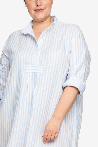 Long Sleep Shirt Pale Blue Linen Stripe PLUS