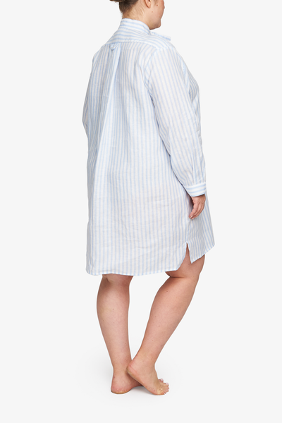 Short Sleep Shirt Pale Blue Linen Stripe PLUS