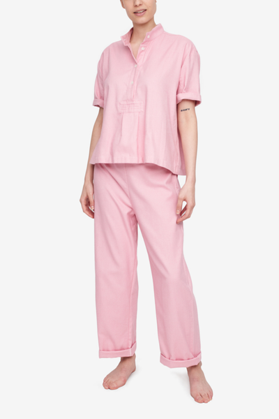Set - Short Sleeve Cropped Sleep Shirt and Lounge Pant Pink Flannel
