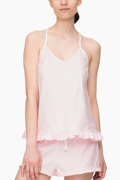 front view camisole tank top with ruffle hem in pink oxford stripe cotton by the Sleep Shirt