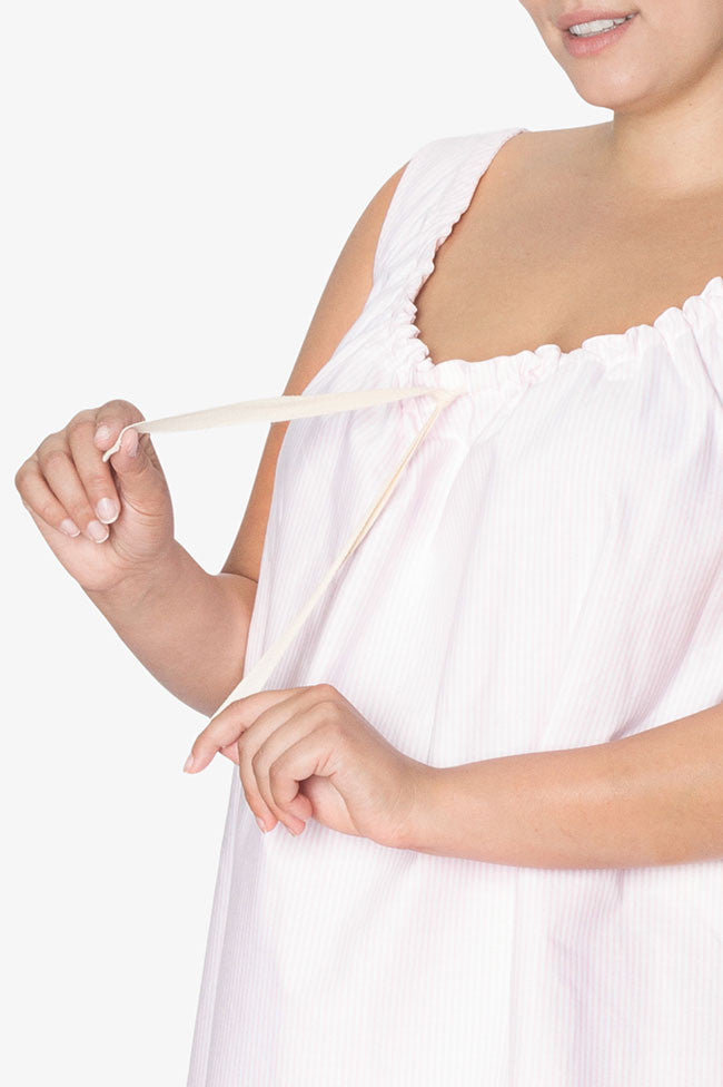 front view close up plus size sleeveless adjustable neckline nightie nightgown pink oxford stripe cotton by the Sleep Shirt