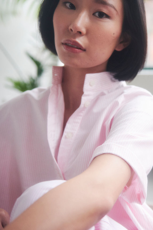 Short Sleeve Cropped Shirt Pink Oxford Stripe