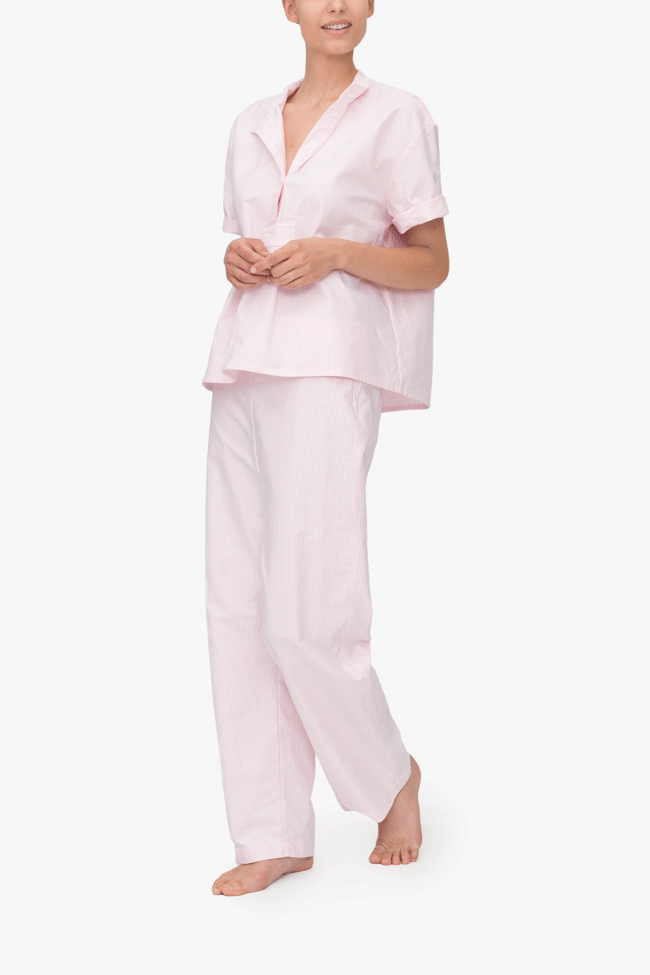 front view tshirt lounge pant pajama set pink oxford stripe cotton by the Sleep Shirt