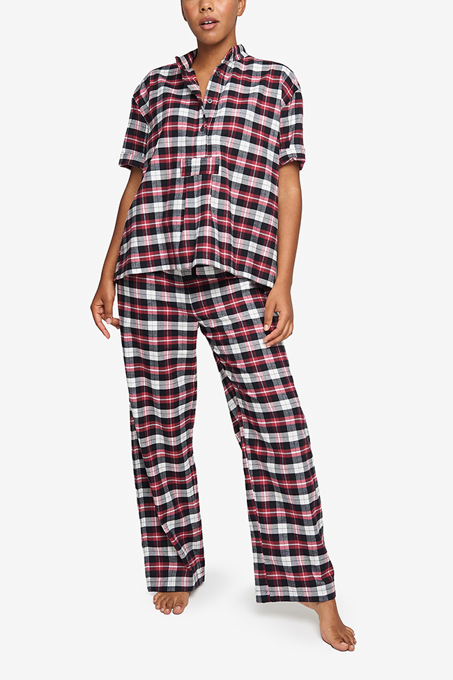 Short Sleeve Cropped Sleep Shirt Raspberry Plaid Flannel
