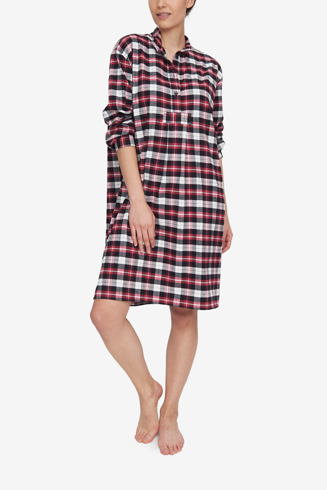 Long plaid flannel sleepwear, made from high-quality brushed cotton. A red, white and black traditional tartan nightdress.