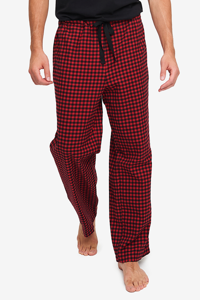 red and black buffalo check cotton flannel men's pyjama pant. drawstring and elastic waist, wide leg. 