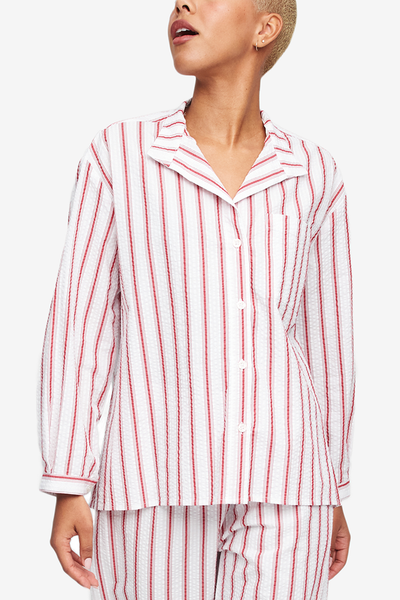 Set - Long Sleeve Shirt and Lounge Pant Red Seersucker Stripe