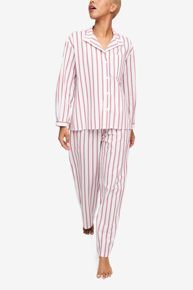 Set - Long Sleeve Shirt and Lounge Pant Red Seersucker Stripe