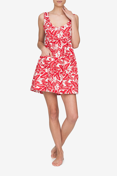 front view of pocket nightie in red tropical print cotton by The Sleep Shirt