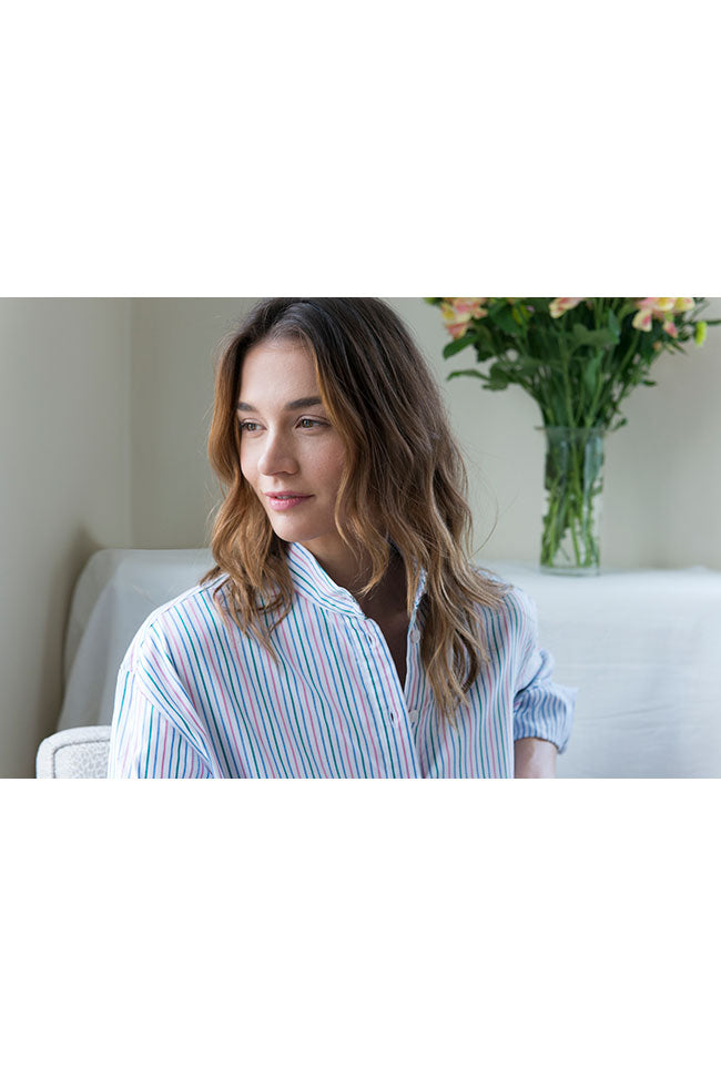 classic long sleep shirt garden stripe cotton on model by the Sleep Shirt
