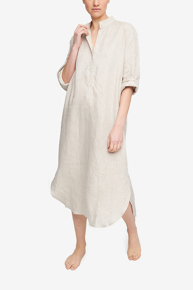 Traditional linen nightshirt on sandy beige  linen. long sleeves, high collar and button up 3/4 placket. 