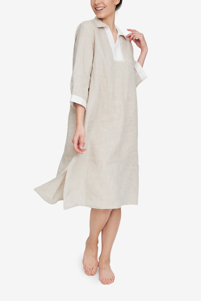 Belted Kaftan Sand Linen with White Contrast