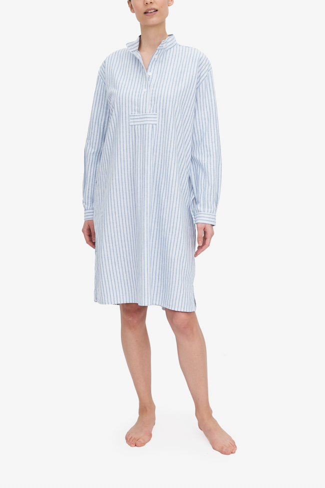This longer, knee length Sleep Shirt has reached a new level of luxury this blue and white striped fabric. It's a heavier weight but still feels light and soft.