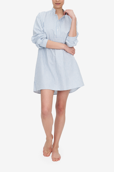The Short Sleep Shirt hits most a couple inches below the knee, or mid-thigh if you're a modelesque hight like Emily, shown here. This Sleep Shirt is made in a lush cotton and linen blend, in white and blue stripes.  