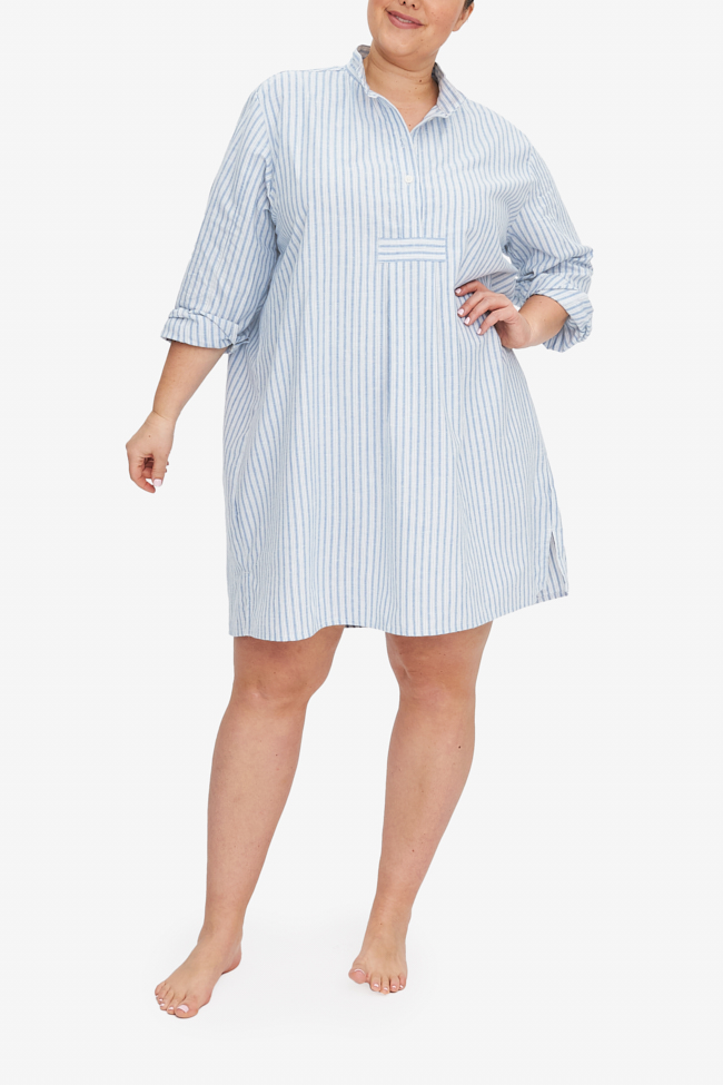 The Short Sleep Shirt hits most a couple inches below the knee, or mid-thigh if you're a modelesque hight like Charlotte, shown here. This Sleep Shirt is made in a lush cotton and linen blend, in white and blue stripes.