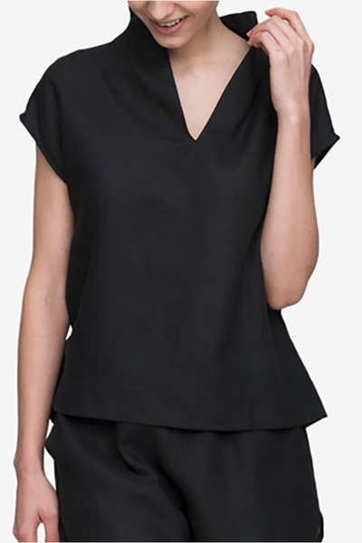 front view shawl collar pajama top black linen by the Sleep Shirt