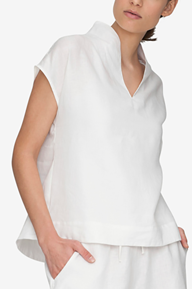 front view shawl collar pajama top white linen by the Sleep Shirt