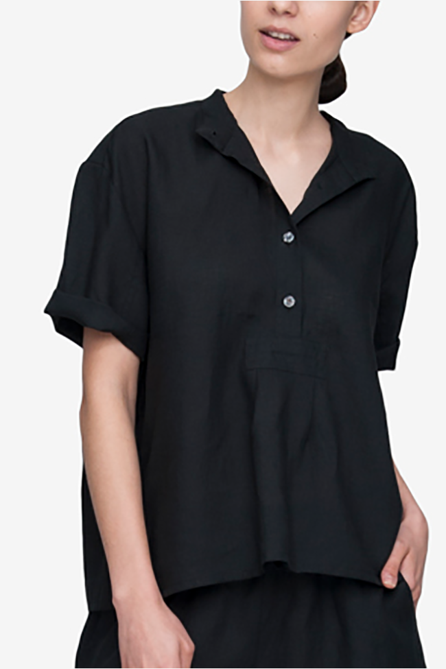 Set - Short Sleeve Cropped Sleep Shirt and Lounge Pant Black Linen