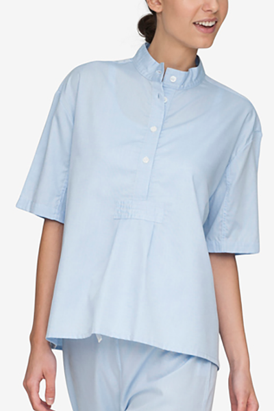 Set - Short Sleeve Cropped Sleep Shirt and Lounge Pant Soft Blue Stripe
