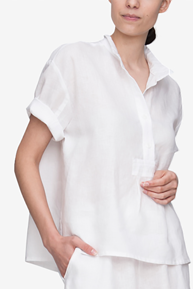 Set - Short Sleeve Cropped Sleep Shirt and Curved Hem Short White Linen