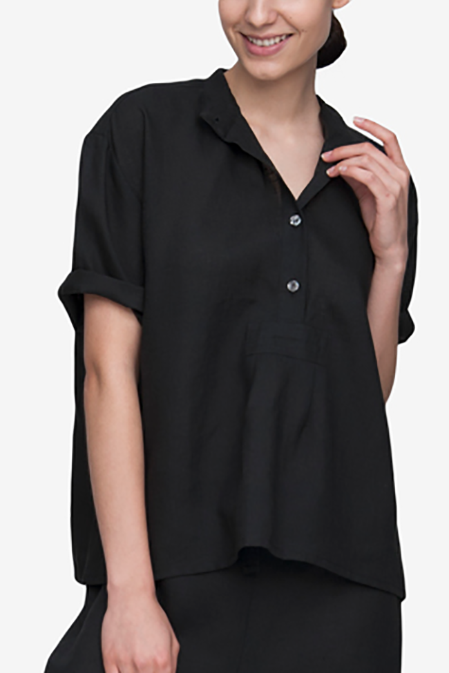 front view t-shirt top pajama top in black linen by The Sleep Shirt
