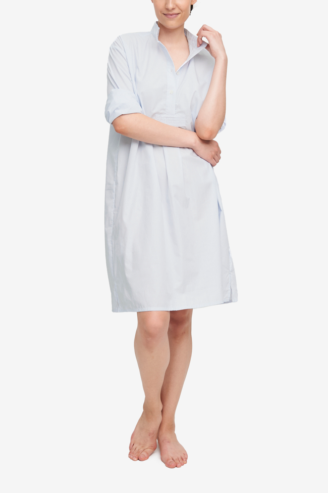 Classic blue and white striped long night shirt, 100% cotton. Long sleeve, below the knee length.
