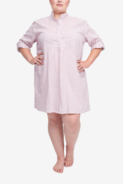 Plus size sleepwear made in Canada. designed to fit sizes XL to 3XL. A cotton and linen blend night shirt  with a red vertical stripe on an off-white base.