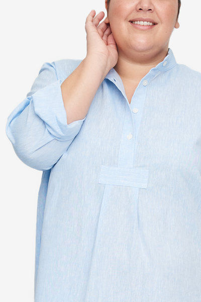 Short Sleep Shirt Sky Blue Linen Blend PLUS