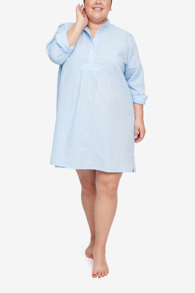 Short Sleep Shirt Sky Blue Linen Blend PLUS