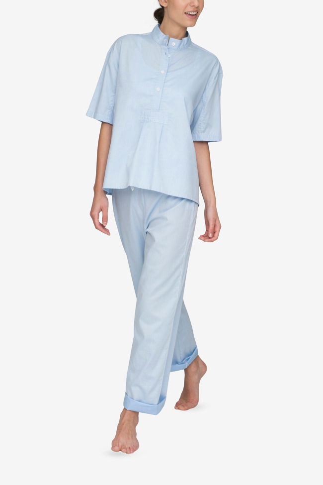 front view t-shirt top with lounge pants pajama set in soft blue stripe cotton by the Sleep Shirt 