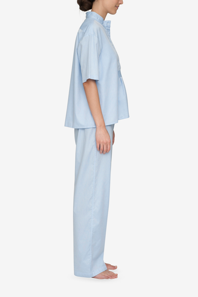 Set - Short Sleeve Cropped Sleep Shirt and Lounge Pant Soft Blue Stripe
