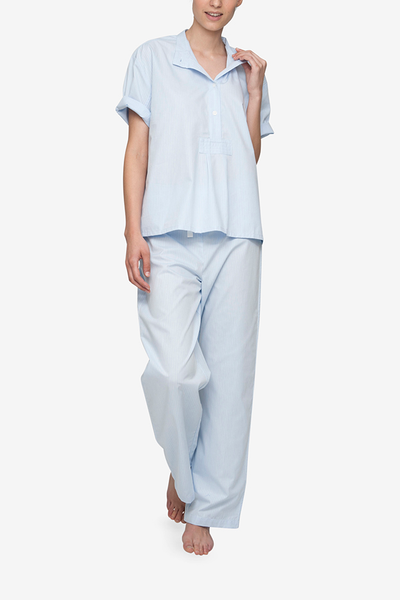 front view classic lounge pants pajama set in blue cotton stripe by the Sleep Shirt