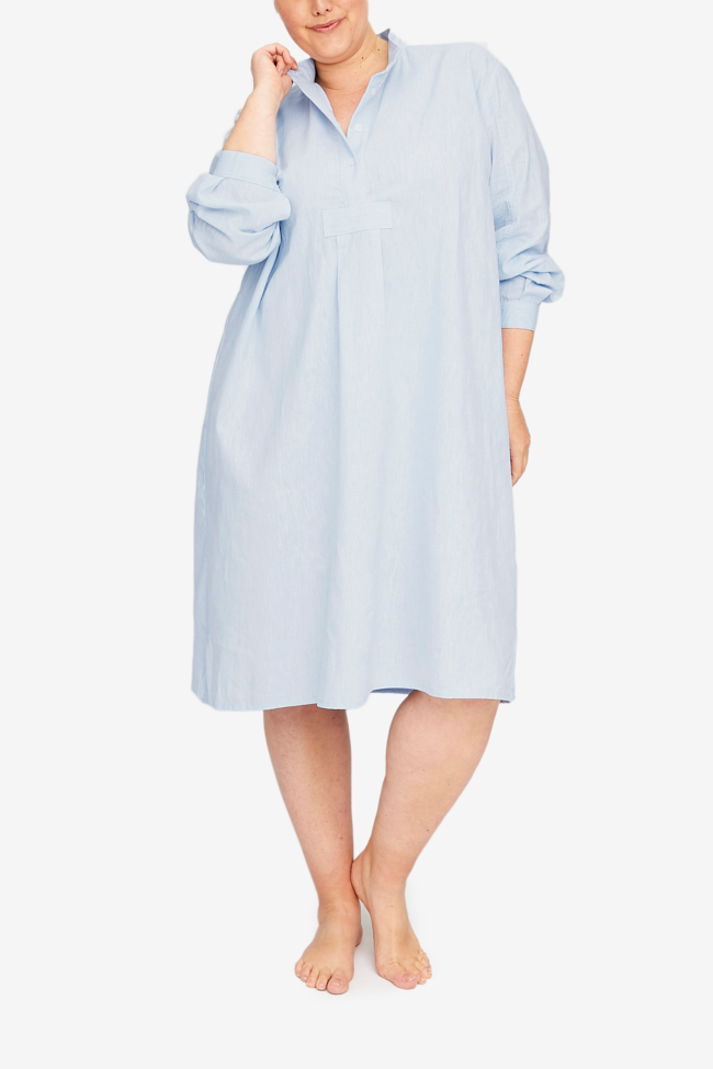 Long Sleep Shirt Capri Blue Linen Blend PLUS