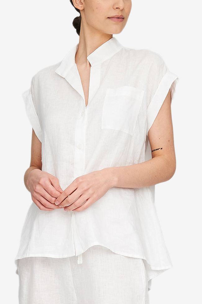 Cuffed Sleeve Shirt White Linen