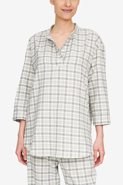Front view of the Slip On Top by the Sleep Shirt. A cream and great plaid made from a durable and soft cotton flannel. 